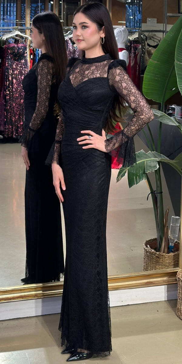 Siyah Uzun Kollu Düz Kesim Likralı Dantel Uzun Abiye Elbise 11203-01 - 2