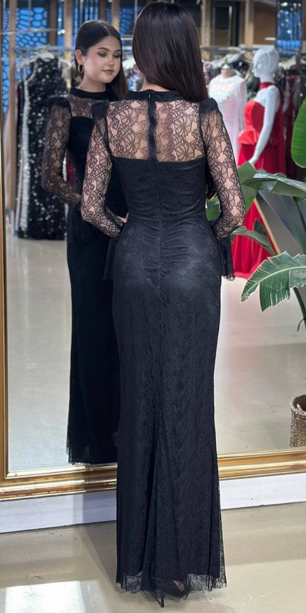 Siyah Uzun Kollu Düz Kesim Likralı Dantel Uzun Abiye Elbise 11203-01 - 5