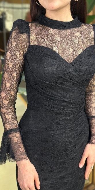 Siyah Uzun Kollu Düz Kesim Likralı Dantel Uzun Abiye Elbise 11203-01 - 4