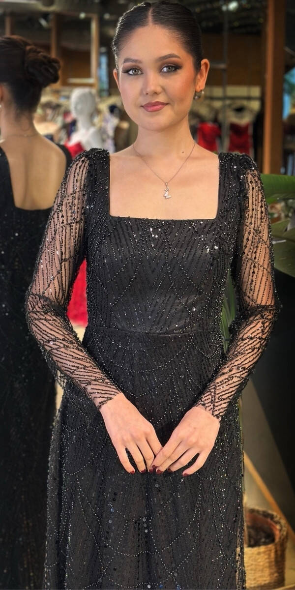 Siyah Kare Yaka Uzun Kollu Kloş Etekli Pullu Boncuklu Uzun Abiye Elbise 11047-05 - 3