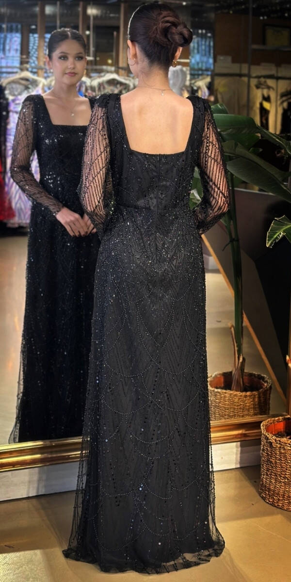 Siyah Kare Yaka Uzun Kollu Kloş Etekli Pullu Boncuklu Uzun Abiye Elbise 11047-05 - 5