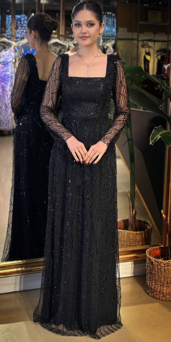 Siyah Kare Yaka Uzun Kollu Kloş Etekli Pullu Boncuklu Uzun Abiye Elbise 11047-05 - 1