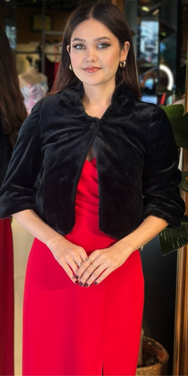 Siyah Uzun Kollu Tay Tüyü Bolero 7668-01 - 1