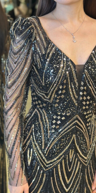 Siyah Uzun Kollu V Yaka Düz Kesim Pullu Boncuklu Uzun Abiye Elbise 7732 - 4