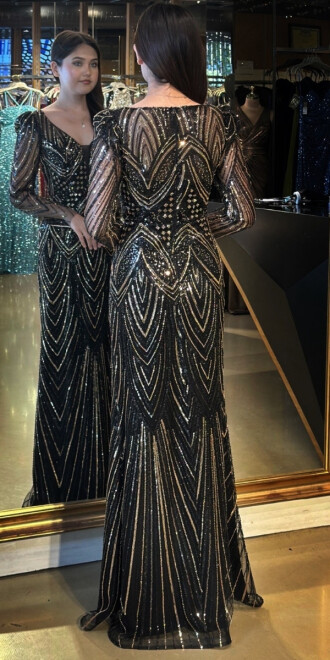 Siyah Uzun Kollu V Yaka Düz Kesim Pullu Boncuklu Uzun Abiye Elbise 7732 - 5