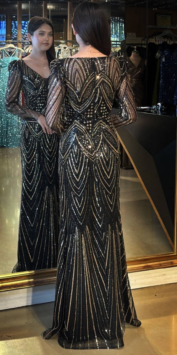 Siyah Uzun Kollu V Yaka Düz Kesim Pullu Boncuklu Uzun Abiye Elbise 7732 - 5