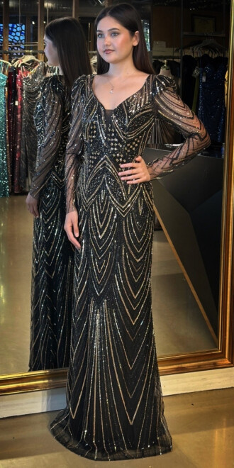 Siyah Uzun Kollu V Yaka Düz Kesim Pullu Boncuklu Uzun Abiye Elbise 7732 - 2