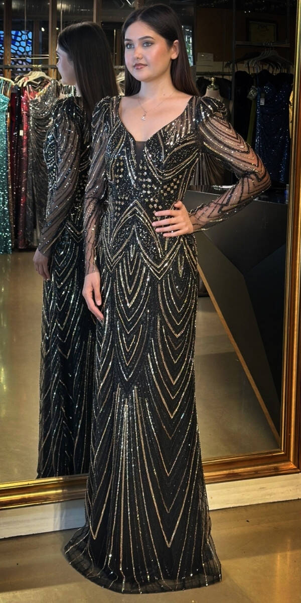 Siyah Uzun Kollu V Yaka Düz Kesim Pullu Boncuklu Uzun Abiye Elbise 7732 - 2