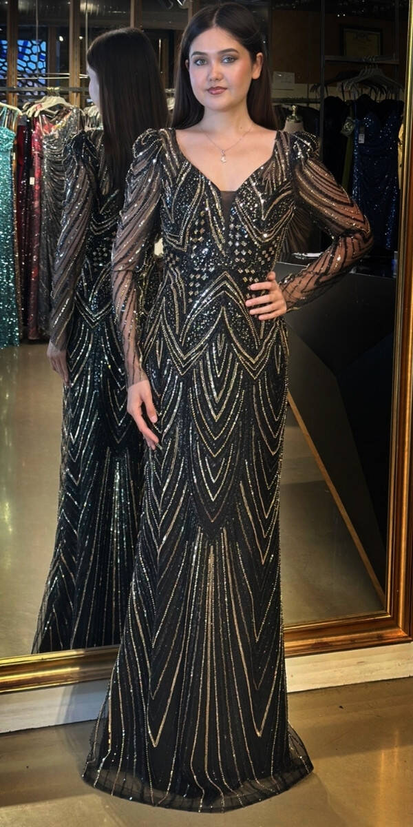 Siyah Uzun Kollu V Yaka Düz Kesim Pullu Boncuklu Uzun Abiye Elbise 7732 - 1