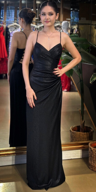 Siyah V Yaka İp Askılı Sırt Dekolteli Düz Kesim Parlak Kumaş Uzun Abiye Elbise 11086-06 - abiyeniall