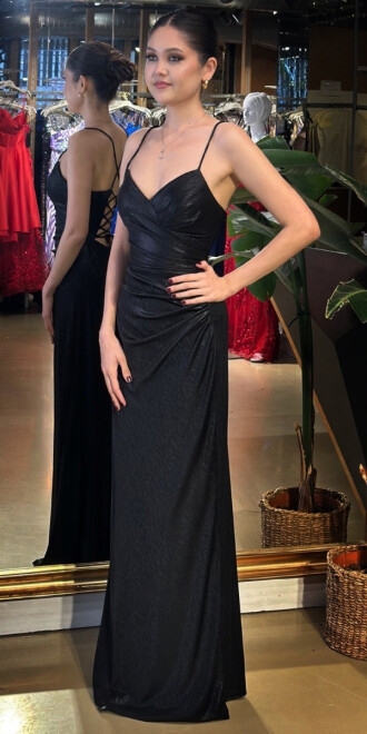 Siyah V Yaka İp Askılı Sırt Dekolteli Düz Kesim Parlak Kumaş Uzun Abiye Elbise 11086-06 - 2