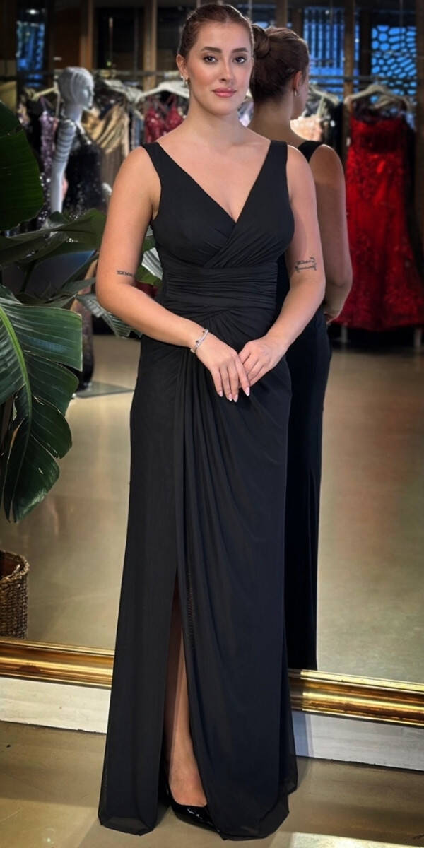 Siyah V Yaka Kalın Askı Anvelop Yırtmaçlı Düz Kesim Likralı Tül Uzun Abiye Elbise 11123-05 - 1