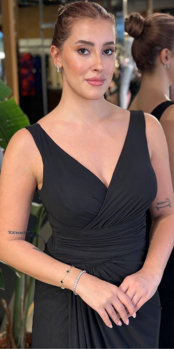 Siyah V Yaka Kalın Askı Anvelop Yırtmaçlı Düz Kesim Likralı Tül Uzun Abiye Elbise 11123-05 - 3