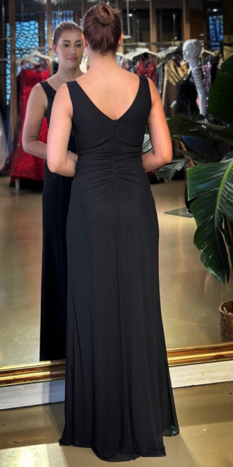 Siyah V Yaka Kalın Askı Anvelop Yırtmaçlı Düz Kesim Likralı Tül Uzun Abiye Elbise 11123-05 - 5