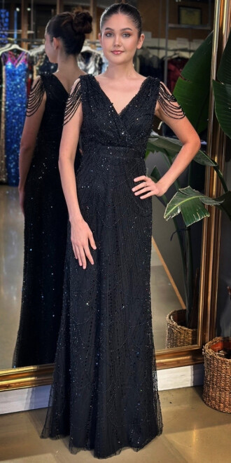 Siyah V Yaka Kalın Askı Boncuk İşlemeli Düz Kesim Pullu Boncuklu Uzun Abiye Elbise 11138-01 - abiyeniall