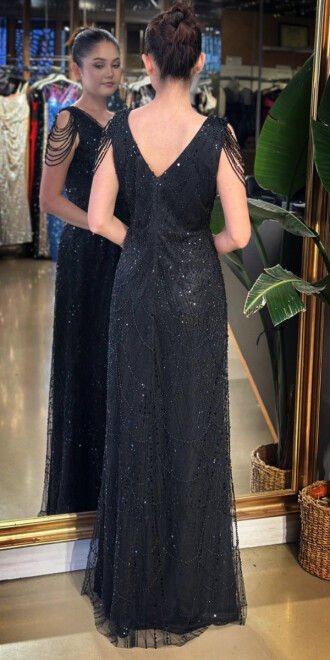 Siyah V Yaka Kalın Askı Boncuk İşlemeli Düz Kesim Pullu Boncuklu Uzun Abiye Elbise 11138-01 - 5