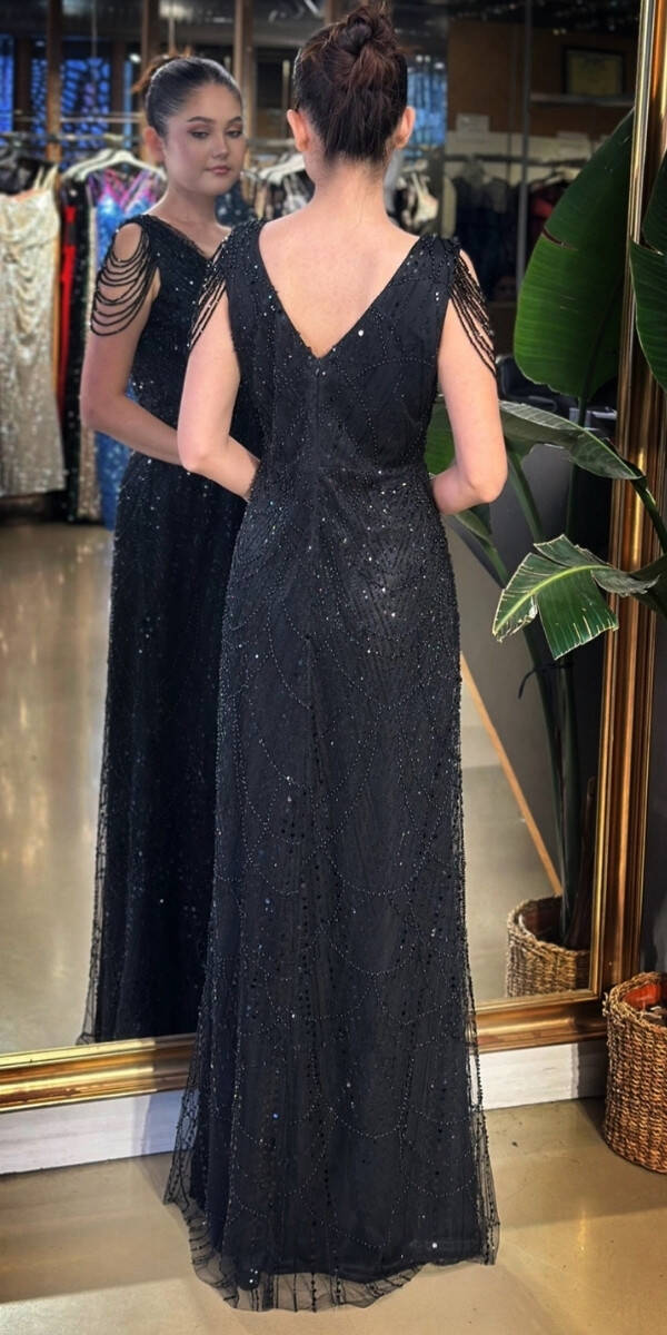 Siyah V Yaka Kalın Askı Boncuk İşlemeli Düz Kesim Pullu Boncuklu Uzun Abiye Elbise 11138-01 - 5