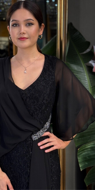 Siyah V Yaka Kısa Kollu Taş Detaylı Düz Kesim Likralı Simli Uzun Abiye Elbise 11035-01 - 3