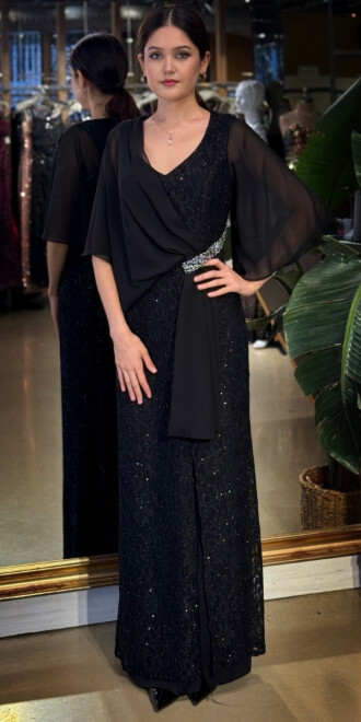 Siyah V Yaka Kısa Kollu Taş Detaylı Düz Kesim Likralı Simli Uzun Abiye Elbise 11035-01 - 1