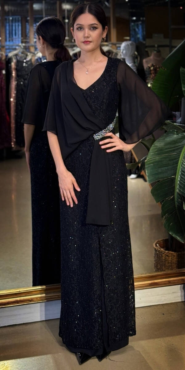 Siyah V Yaka Kısa Kollu Taş Detaylı Düz Kesim Likralı Simli Uzun Abiye Elbise 11035-01 - 1