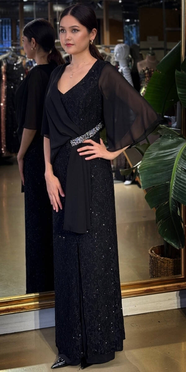 Siyah V Yaka Kısa Kollu Taş Detaylı Düz Kesim Likralı Simli Uzun Abiye Elbise 11035-01 - 2