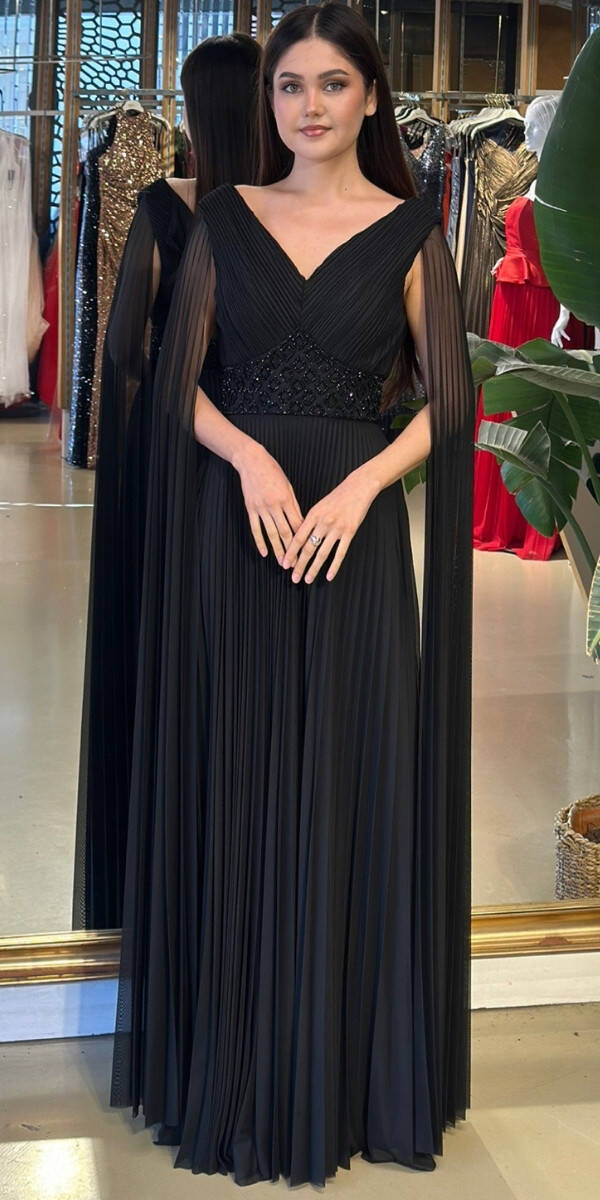 Siyah V Yaka Pelerin Kloş Etekli Şifon Uzun Abiye Elbise 11108-04 - 1
