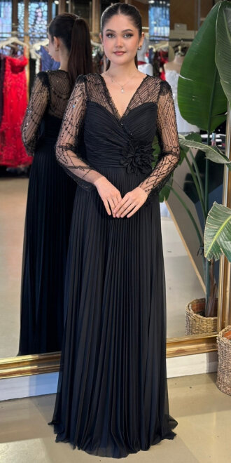 Siyah V Yaka Uzun Kollu Çiçek Detaylı Kloş Etekli Şifon Uzun Abiye Elbise 11150-01 - abiyeniall