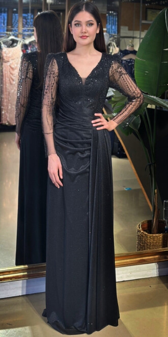 Siyah V Yaka Uzun Kollu Düz Kesim Likralı Simli Uzun Abiye Elbise 11134-01 - abiyeniall