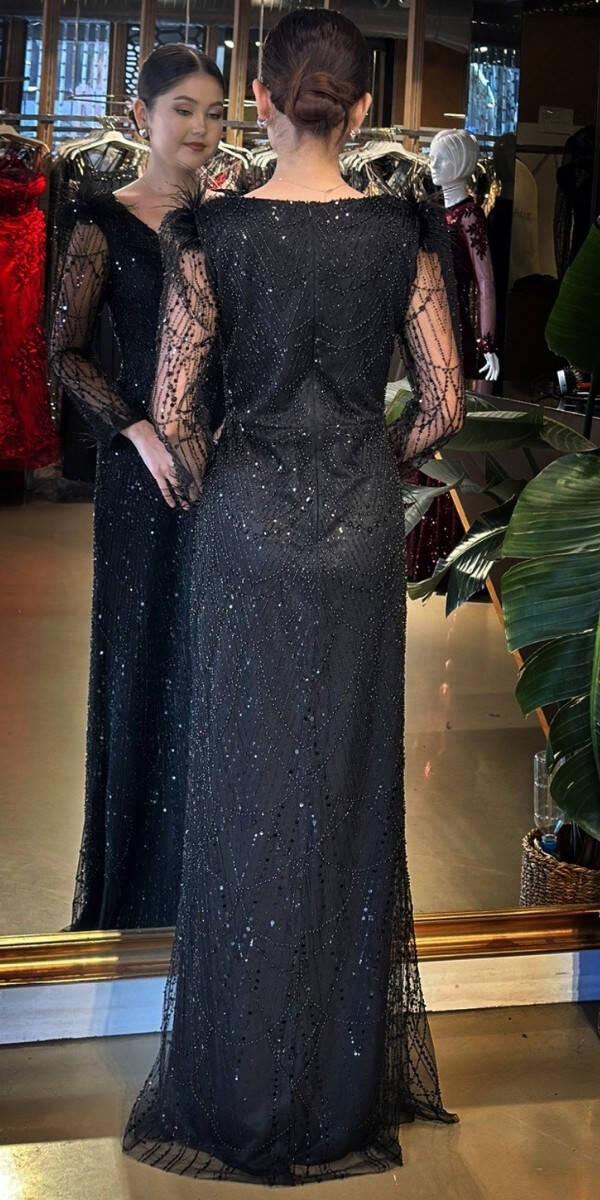 Siyah V Yaka Uzun Kollu Tuy Detaylı Düz Kesim Pullu Boncuklu Uzun Abiye Elbise 11114-01 - 5