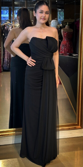 Siyah Yırtmaçlı Düz Kesim Tül Uzun Abiye Elbise 7731 - 1