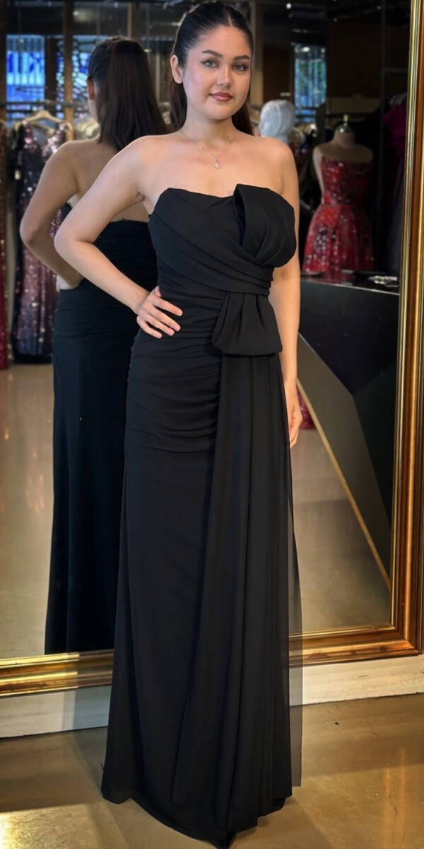 Siyah Yırtmaçlı Düz Kesim Tül Uzun Abiye Elbise 7731 - 1