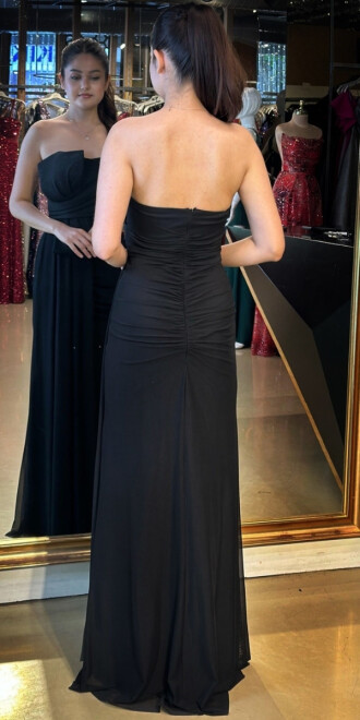 Siyah Yırtmaçlı Düz Kesim Tül Uzun Abiye Elbise 7731 - 5