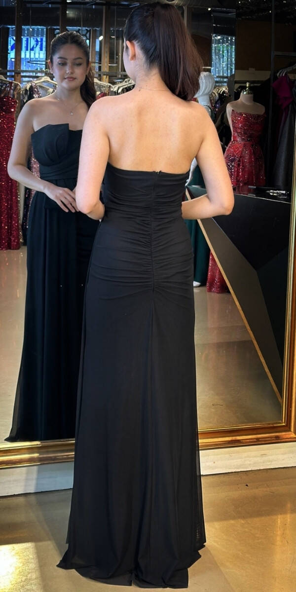 Siyah Yırtmaçlı Düz Kesim Tül Uzun Abiye Elbise 7731 - 5