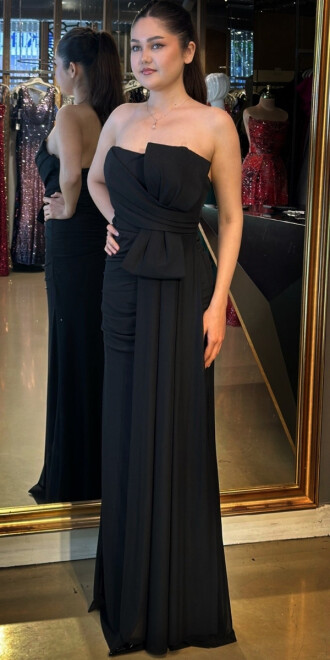 Siyah Yırtmaçlı Düz Kesim Tül Uzun Abiye Elbise 7731 - 2