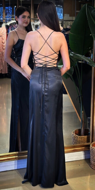 Siyah Yuvarlak Yaka İp Askılı Sırt Dekolteli Yırtmaçlı Düz Kesim Saten Uzun Abiye Elbise 11105-02 - 5