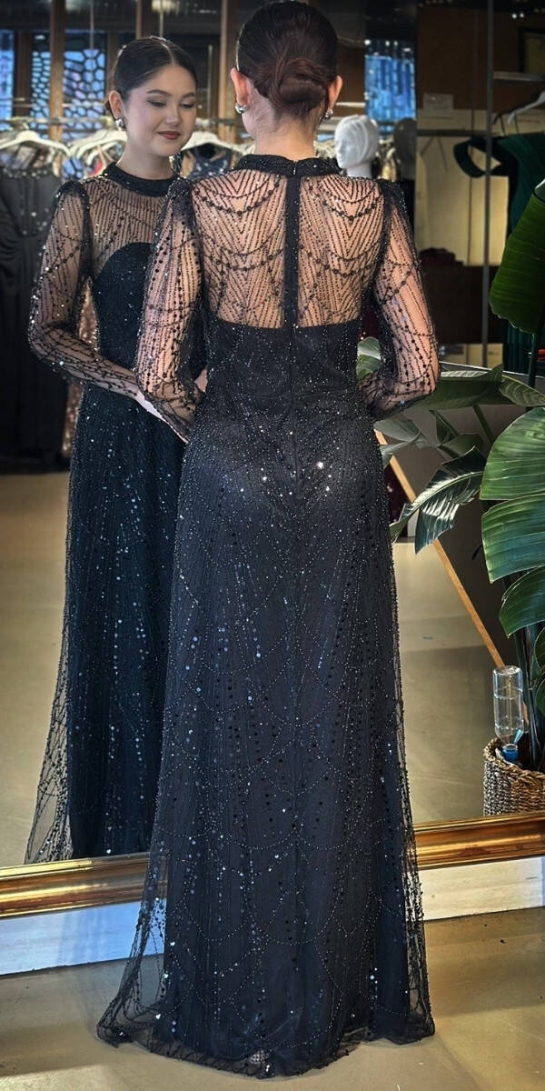 Siyah Yuvarlak Yaka Uzun Kollu Düz Kesim Pullu Boncuklu Uzun Abiye Elbise 11130-02 - 5