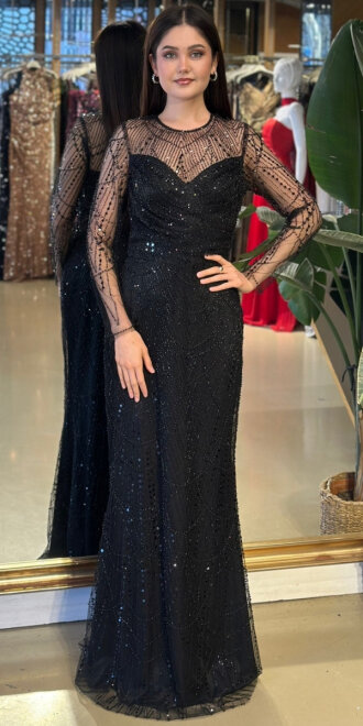 Siyah Yuvarlak Yaka Uzun Kollu Düz Kesim Pullu Boncuklu Uzun Abiye Elbise 11159-01 - abiyeniall