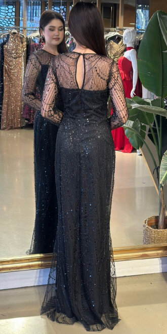 Siyah Yuvarlak Yaka Uzun Kollu Düz Kesim Pullu Boncuklu Uzun Abiye Elbise 11159-01 - 5