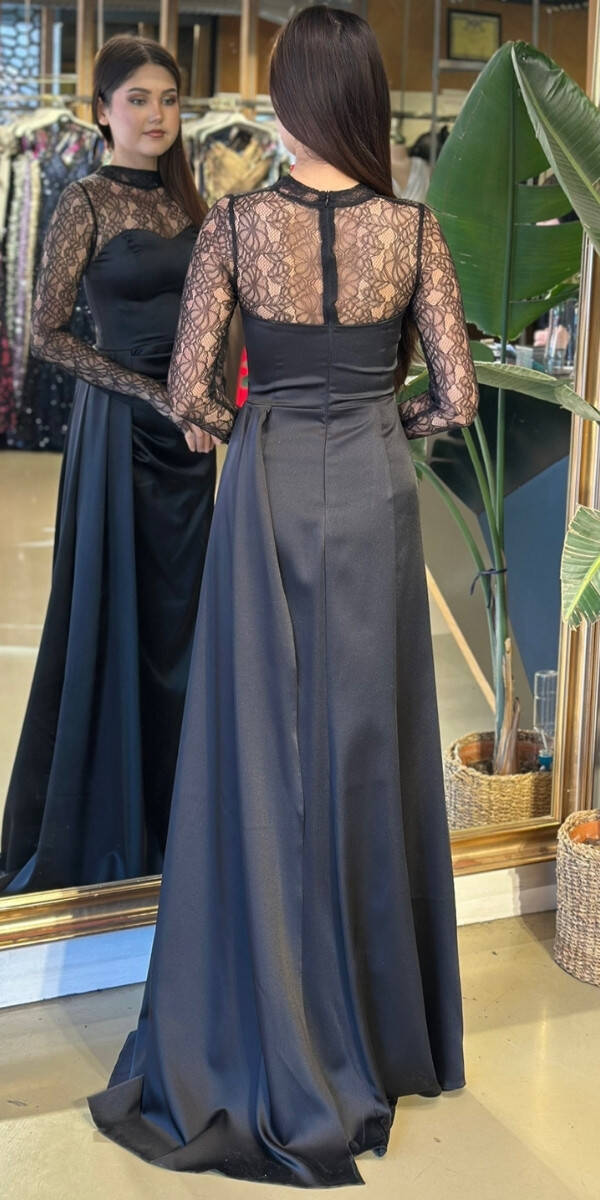 Siyah Yuvarlak Yaka Uzun Kollu Düz Kesim Saten Uzun Abiye Elbise 11192-01 - 5