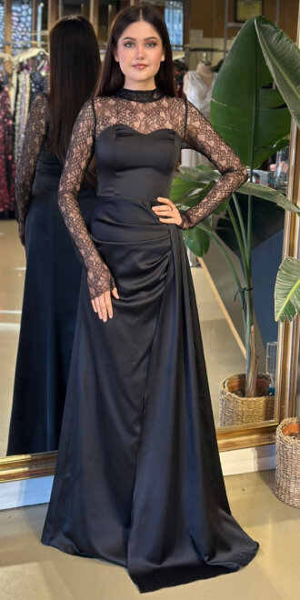 Siyah Yuvarlak Yaka Uzun Kollu Düz Kesim Saten Uzun Abiye Elbise 11192-01 