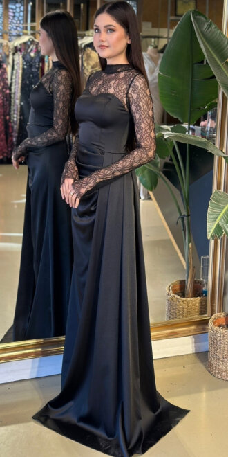 Siyah Yuvarlak Yaka Uzun Kollu Düz Kesim Saten Uzun Abiye Elbise 11192-01 - 2