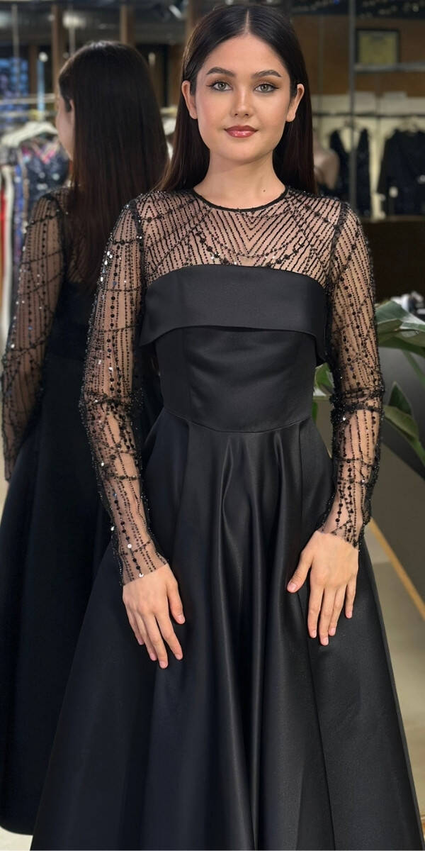 Siyah Yuvarlak Yaka Uzun Kollu Kloş Etekli Saten Midi Abiye Elbise 11139-01 - 3