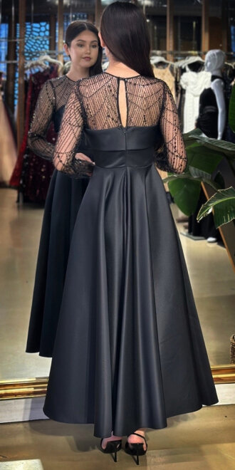 Siyah Yuvarlak Yaka Uzun Kollu Kloş Etekli Saten Midi Abiye Elbise 11139-01 - 5