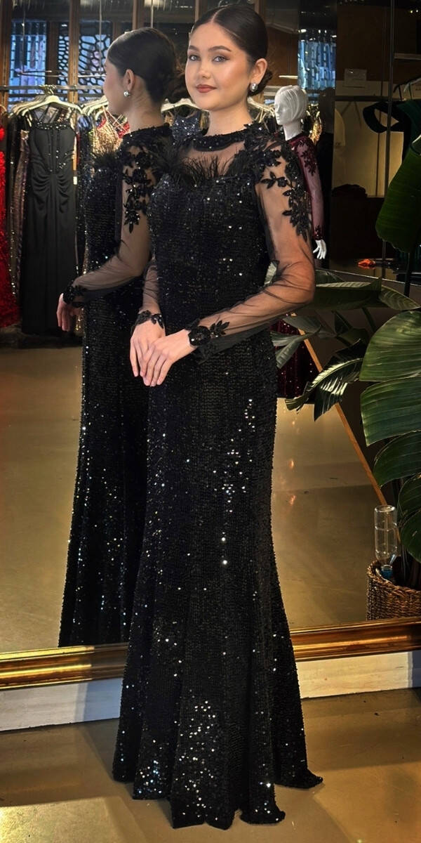 Siyah Yuvarlak Yaka Uzun Kollu Tuy Detaylı Balık Etekli Likralı Pul Payet Uzun Abiye Elbise 11133-02 - 2