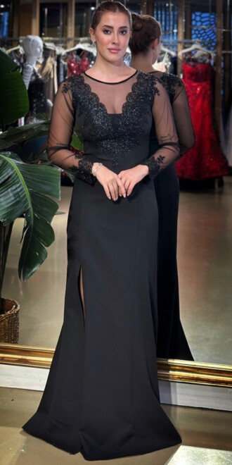 Siyah Yuvarlak Yaka Uzun Kollu Yırtmaçlı Düz Kesim Likralı Krep Uzun Abiye Elbise 11028-01 - abiyeniall