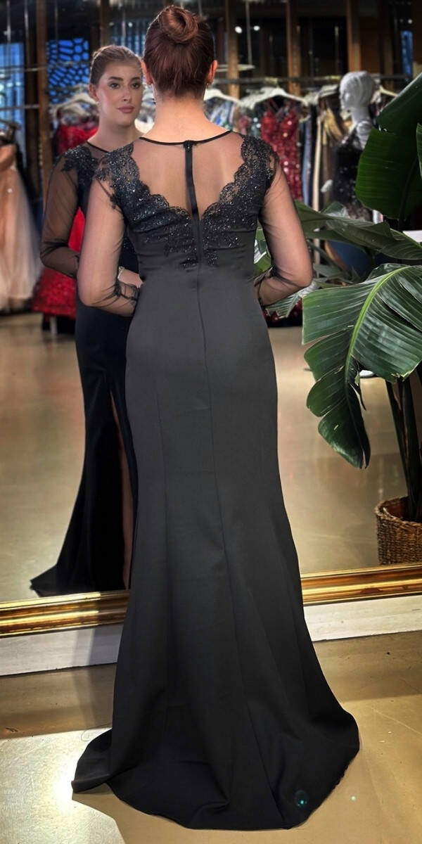 Siyah Yuvarlak Yaka Uzun Kollu Yırtmaçlı Düz Kesim Likralı Krep Uzun Abiye Elbise 11028-01 - 5