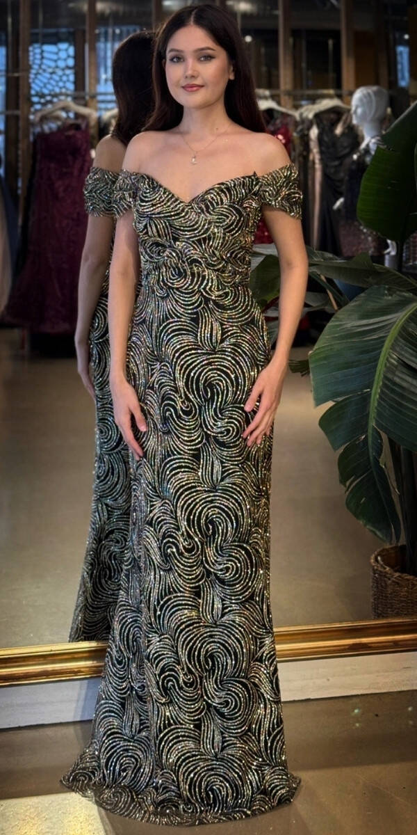 Siyah&Gold Madonna Yaka Sırt Dekolteli Düz Kesim Simli Uzun Abiye Elbise 11113-02 - 1