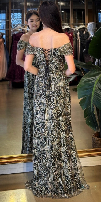 Siyah&Gold Madonna Yaka Sırt Dekolteli Düz Kesim Simli Uzun Abiye Elbise 11113-02 - 5