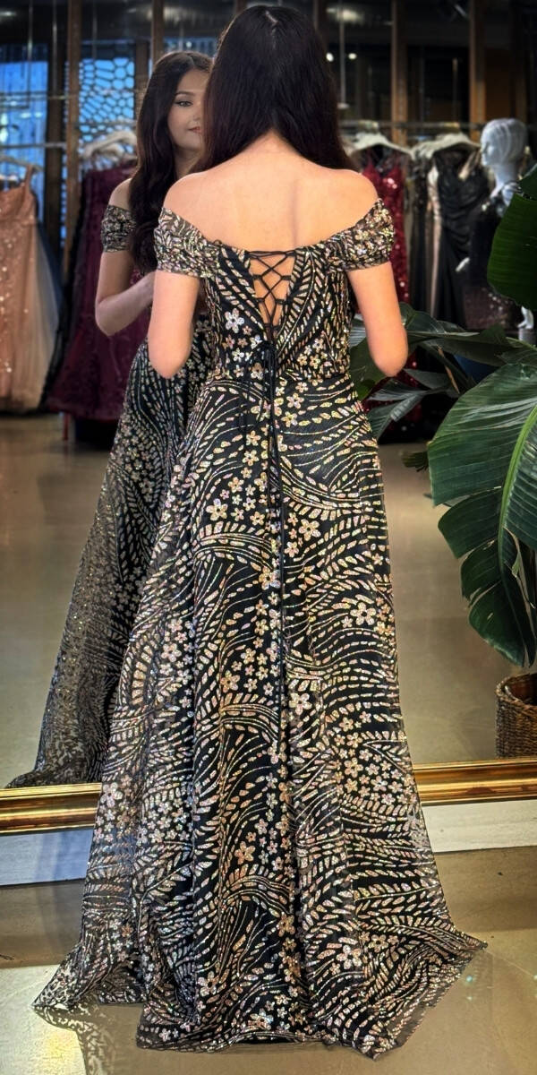 Siyah&Gold Madonna Yaka Sırt Dekolteli Kloş Etekli Simli Uzun Abiye Elbise 11066-01 - 5