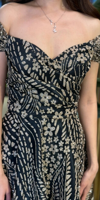 Siyah&Gold Madonna Yaka Sırt Dekolteli Kloş Etekli Simli Uzun Abiye Elbise 11066-01 - 4